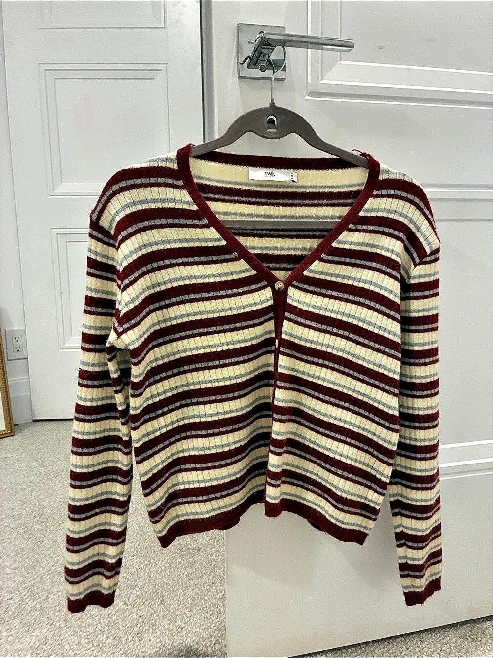 Twik Striped Button-Front Cardigan in Red & Cream
